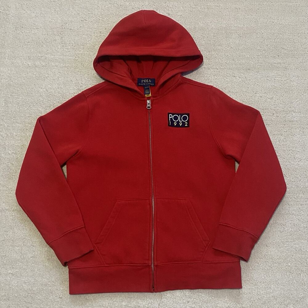 Polo Ralph Lauren Boys 1992 Patch Zip Up Hoodie Sweatshirt Red Medium 10-12